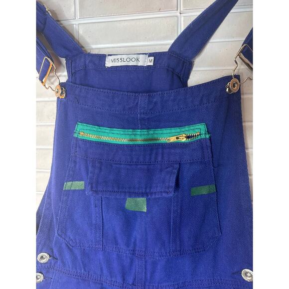 Miss Look Floral Overalls Women’s Medium Dark Blue 100% Cotton Tapered Leg - Picture 3 of 6